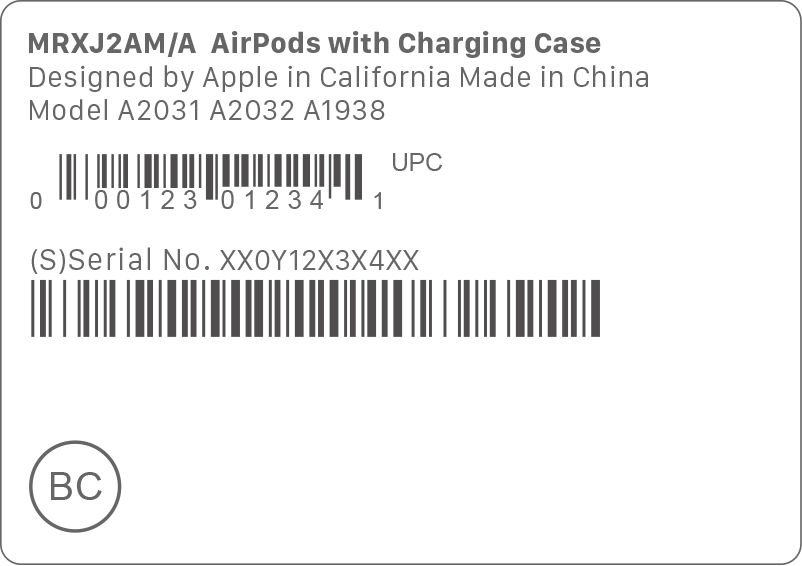 AirPods 原包装条码上的序列号